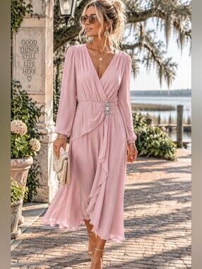 Martinique Fashions Union Made Pink Long Sleeve Wrap Dress with Embellish Waist